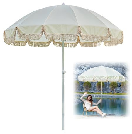 NRNQMTFZ Parasol De Jardin Exterieur 240cm Parasol Plage Pliable Inclinable Parasol Balcon avec Frange Parasol De Marché,pour Jardin, pelouse, Piscine, Table de Cour