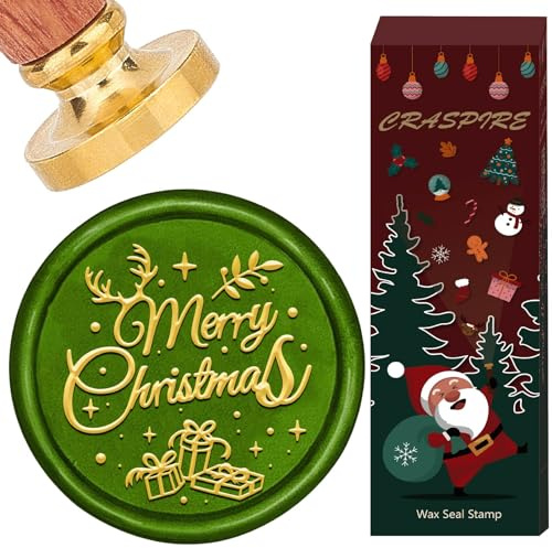 craspire 25 mm Merry Chirstmas Wachs-Siegelstempel Mit Holzgriff Vintage Abnehmbarer Messingkopf Geschenke Siegelwachsstempel Blatt Elchgeweih Siegel Stempel Für Weihnachten Hochzeit Geburtstag DIY