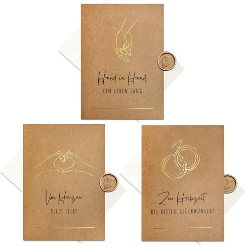 møij 3er Set Hochzeitskarten Kraftkarton mit goldener Heißfolienprägung | inkl. Briefumschlägen & Wachssiegel, edle Heißfolienprägung, Geschenkbeilage