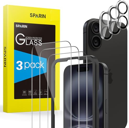 SPARIN Panzer Schutz Glas für iPhone 16, 3+3 Stück | Anti- Kratzer, Bläschenfrei, 3 Schutzfolie und 3 Kameraschutz, Einfache Installationshilfe