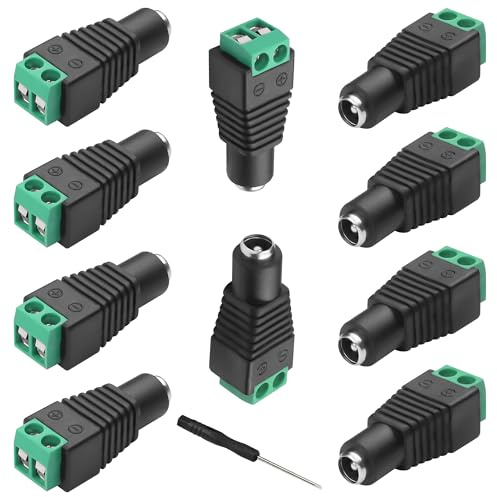 MEIRIYFA 12V DC Adapter Plug 5.5mm x 2.1mm, DC Power Connector 5.5 x 2.1mm Female Plug to 2 Pin Female Bolt Screw Type Solderless Terminals for CCTV Security Camera Led Strip Light (10 Pack)