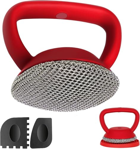 Xummi Nettoyeur de fonte, nettoyant pour poêles en fonte + 2 grattoirs pour barbecue + 1 tapis, acier 316, grattoir à maille de chaîne avec poignée pour poêles en fonte et poêles à frire, passe au