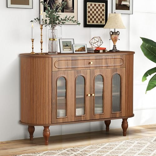 XUZENEST 47'' Fluted Sideboard Buffer Cabinet with Drawer, Modern Credenza Storage Cabinet, Bar Cabinet Console Table with Tambour Sliding Side for Living Dining Room Kitchen Hallway Entryway, Walnut