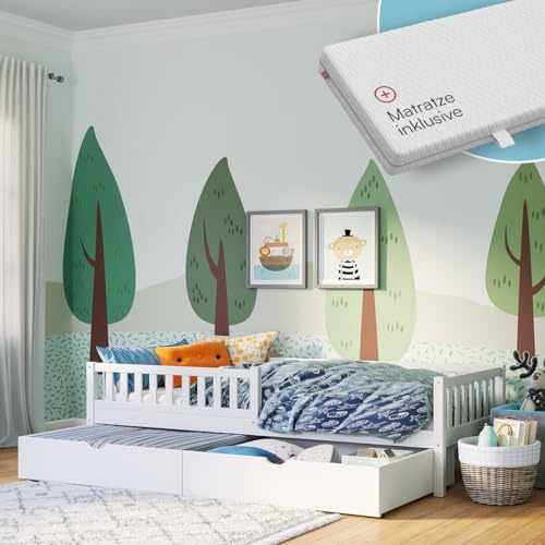Bellabino Vils Kinderbett 90x200cm, Matratze & Schublade, Massivholz Kiefer | Weiß, Kinderbett mit Rausfallschutz & Lattenrost, Montessori-Bett, massives Kieferholz, Bett für Jungen & Mädchen, Bettrahmen