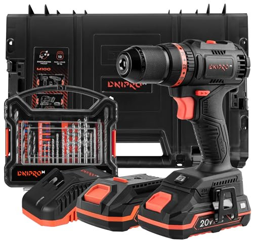 Dnipro-M Perceuse Visseuse Sans Fil Brushless CD-201HBC Professionnelle 20V (45 Nm) - Perceuse à Percussion Compacte, Kit Complet avec 2 Batteries 2Ah, Chargeur 3A et Coffret 41 Accessoires Foret