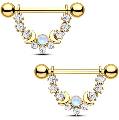 CM Crareesi Mania Piercing per capezzolo a forma di fase lunare, oro e argento, in acciaio inox, 14 G, per donne e uomini, Zirconia cubica