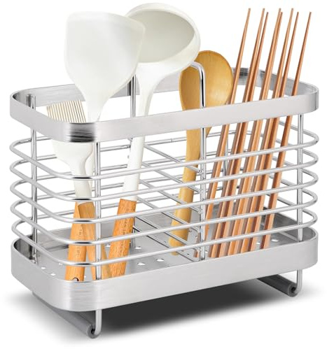 Simpcozy Stainless Steel Utensil Holder, Cutlery Organizer - Rust-Resistant Sink Drainer Caddy with 2 Compartments, Kitchen Sink Tidy for Utensils Storage (Silver)