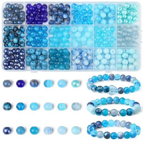 8mm Blaue Perlen Glasperlen für Armbänder | AWARDSEN 360 Stück Glasperlen für Armbänder Bunt Perlen Zum Auffädeln Bastelperlen DIY Machen Beads für Schmuck Basteln