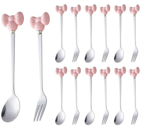 (14 Pieces) Cute Bow Stainless Steel Spoon and Fork Household Ceramic Handle Dessert (Pink)