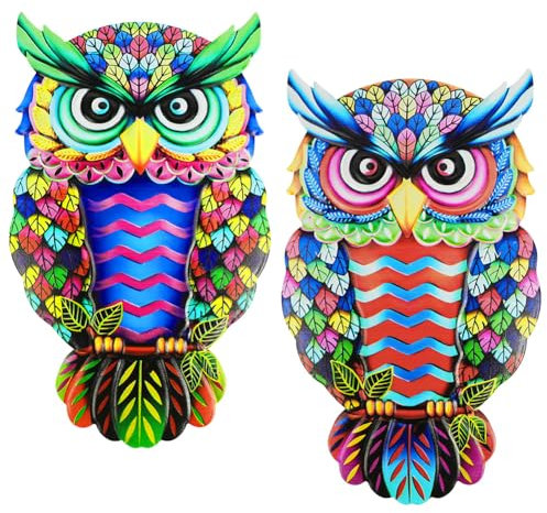 AOOSU Metal Owl Decor Wall Art Decor, Wrought Iron Colorful Owl Wall Sculptures, Outdoor Garden Fence Ornaments Hanging for Backyard Porch Patio（26 * 15cm 2pcs）