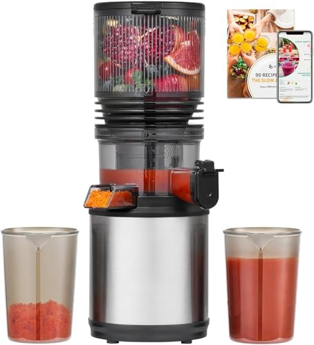 AMZCHEF Extractor de Zumos Prensado en Frío, Licuadora con Boca XL 160 mm para Verduras Frutas Enteras, 2L Slow Juicer, Filtro 3 en 1(Zumo, Bebida Vegetal, Sorbete), Cuerpo Inoxidable, Plata Brillante