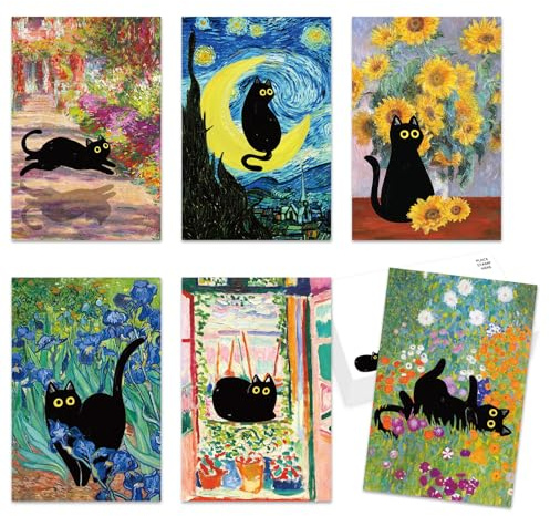Whaline 36 Pcs Art Print Postcards Famous Painting with Black Cat Post Cards Assortment 6 Designs Greeting Cards for Birthday Baby Shower Party Favors Supplies, 4 x 6 Inch