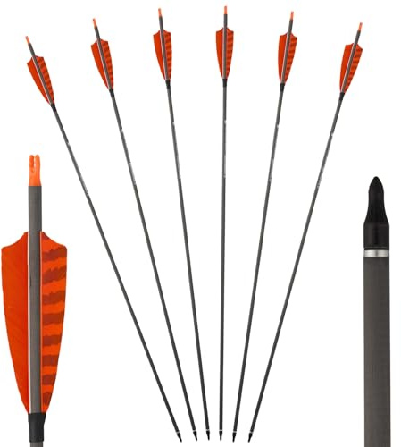 Toparchery 6 flèches en Carbone de 31 Pouces pour tir à l’Arc, flèches de Chasse avec Plumes Naturelles de 4 Pouces, Spine 400 pour Arc recurve et Arc Compound (Orange)