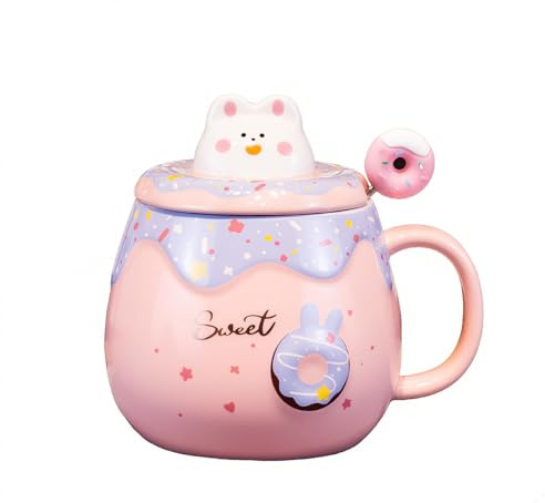 Bibykivn Taza De Cerámica Donut Regalos Para Niños Y Niñas Cerámica Incluye Tapa Para Taza Y Agitador 400 Mililitros Diseño Encantador Tazas Decorativas Creativas Bonitas Para Café Té (Rosa)