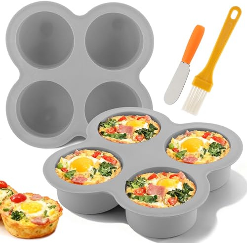 Yuanfenron 2 Pack Silicone Egg Bite Molds with 1 Spatula & 1 Brush, 4 Cups Silicone Air Fryer Baking Pan Non-Stick for Egg Bites, Cupcake, Tart, Frittata, Quiche, Muffins, Cornbread