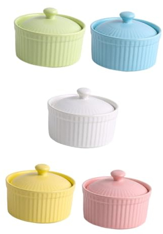 MOLUCKFU Bol à Soufflé Céramique 5 Pièces Multicolore avec Couvercle, Bols à Pudding Multifonctionnels Compatibles Micro-ondes et Four, Ustensiles Cuisine pour Dessert et Couleur Aléatoire