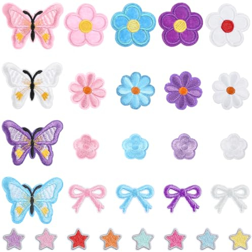 28 Stück Applikationen Zum Aufnähen Niedliche Schmetterling Stern Blumen Schleife Patches Zum Aufbügeln Stickereien Aufnäher Bügelbilder Flicken Bestickte Für Jacken Hüte Jeans Rucksäcke DIY Kleidung