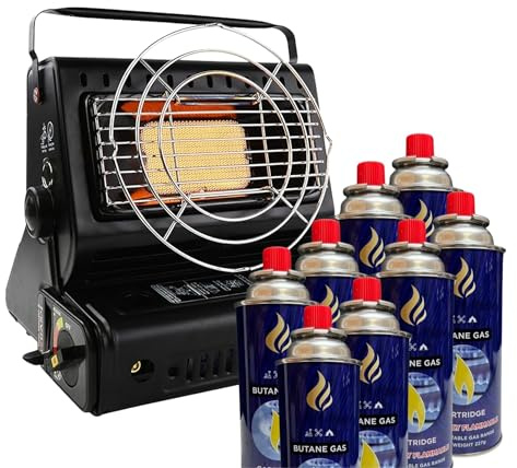 Portable Gas Heater For Outdoor Camping, Hiking, Fishing, Caravan & Skiing Trips - Emergency, Safety Grill, Auto Ignition, Carry Handle & Temp Control With Cartridges (Classic Camping Heater +8can)