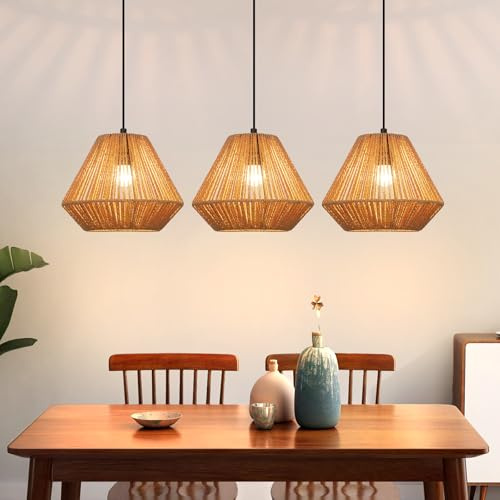 Deboola Pendelleuchte Boho Hängelampe Rattan Lampe Hängend Höhenverstellbar | Hängeleuchte Esszimmer 3 flammig Esstischlampe Retro Design mit E27 Fassung für Schlafzimmer Wohnzimmer/Ohne Leuchtmittel