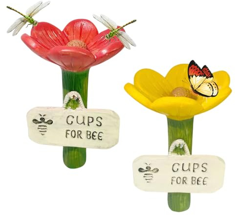 2pcs Flower Bee Waterer, 6.5x11cm Bee Watering Stations with Stake Base, Hygienic Thirsty Pollinators Feeder, Colorful Flower Shaped Garden Pollinators Drinking Cups for Lawn Driveway Farm Patio