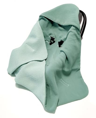 Musselin Einschlagdecke Babydecke 90x90 cm für Babyschale – Sommerdecke atmungsaktiv & leicht, für Kinderwagen und Autositz, für Neugeborene & Kleinkinder, aus Waffel & Musselin, Oeko-Tex - Lorbeer