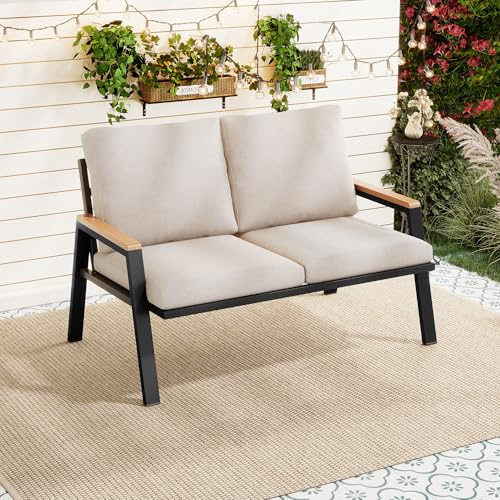 YuQozii Gartenmöbel-Set, Outdoorsofa, 2-Sitzer-Sofa, verzinkter Stahl, Handläufe aus Holz-Kunststoff-Verbundwerkstoff, Industriestil,grau