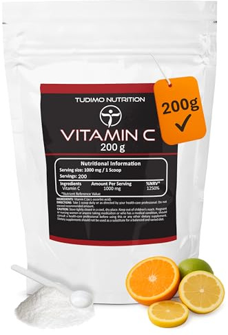 Reines Veganes Vitamin-C-Pulver 200 g – 1000 mg pro Portion, Hochwirksame Ascorbinsäure, Großpackung – Vielseitige Formel für Immunsystem & Wohlbefinden, Non-GMO & Reine Qualität