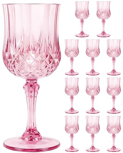 XYUNE 12 Pcs Plastic Wine Glasses, Pink Vintage Water Goblets 200ml Reusable Disposable Unbreakable Drinking Cups Bulk for Wedding Party Event