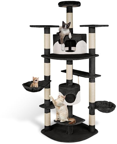 Tectake® Multi-Level Cat Tree with Sisal Scratching Posts, Plush Fabric, 2 Cosy Cat Houses, 2 Hanging Beds & Toy Rope, Anti-Tip Protection - 201 cm Tower for Play & Rest - Black/White