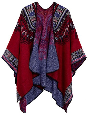 EXCHIC Mejures Suave Apertura Frontal Chales y Abrigos Delanteros Floral Elegante Ponchos Cape (Rojo-92)