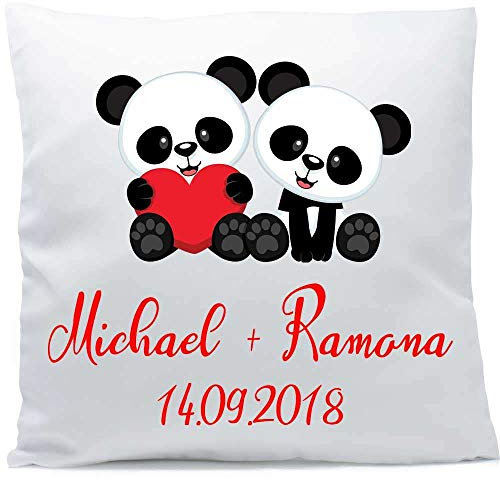 HDmirrorR Kissen mit Namen Hochzeit Pandas 40x40 cm inkl. Füllung Kuschelkissen Liebe Jahrestag, Kissen Farbe:Vorderseite + RS weiß strukturierte Oberfläche