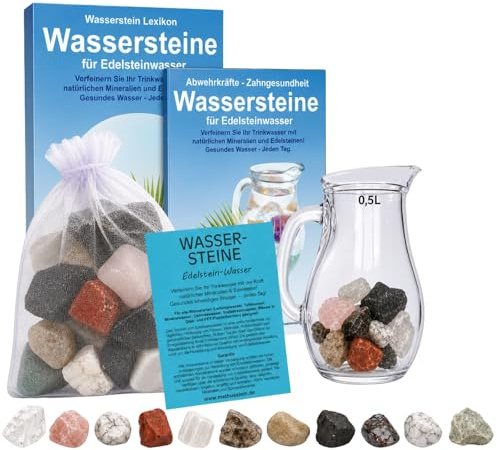 Wassersteine EDELSTEINWASSER Set 300g EDELSTEINE für ENTSCHLACKUNG zum WASSER energetisieren + 0,5L Glaskrug. 5-tlg Set zur Wasseraufbereitung mit Anleitung zur Wasserenergetisierung. 90037-1