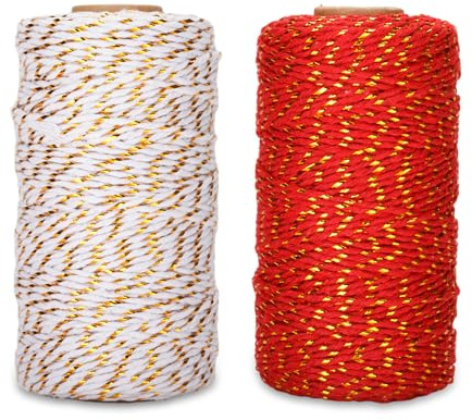 jijAcraft 200M Spago di Cotone con Cordino d'oro Corda di Cotone 2mm Cordoncino da Regalo Rosso e Bianco per Natale, Confezioni Regalo, Decorazioni Fai-da-Te