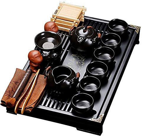fanquare Kung Fu Servizio da tè in Ceramica con Vassoio e Piccoli Strumenti da tè, Cinese Set da tè in Porcellana, Nero