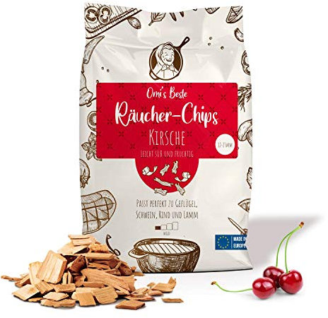 Omi's BESTE© Smoker Chips Cherry - Environ 0,8kg à 0,85kg - Bois de Fumage pour Barbecue pour Une Forte saveur de fumée | Bois de Fumage 100% Naturel & Traditionnel pour Griller - Wood Chips