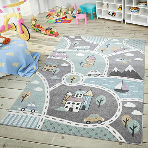 TT Home Kinder-Teppich, Spiel-Teppich Für Kinderzimmer, Mit Straßen-Motiv, In Grün Grau, Größe:140x200 cm