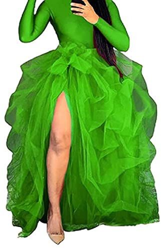 Women's Tulle Maxi Skirt Floor Length Layered High Waist Split Skirt A-Line Puffy Mesh Tutu Skirt for Wedding Party (Green, One Size)