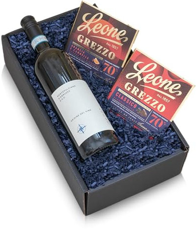 The Wine Guys Geschenk-Set „Bella Culinaria“ mit Wein und Schokolade in einem Geschenkkarton | Italienischer Rotwein Montepulciano mit edler Leone Zartbitterschokolade 60% Cacao und 40% Cacao