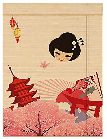 Japanische Bambus Raffrollo, Lichtschutz Bambusrollo mit Volant für Innen, Außen, Veranda, Balkon, Naturfarbe (Druckmuster)