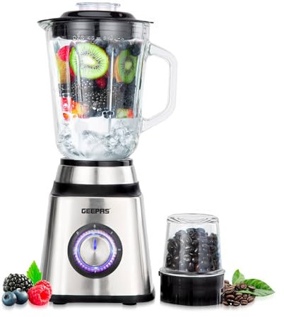 Geepas 2 in 1 Food Jug Blender with 1.5L Glass Jar | Stainless Steel Blades, 2 Speed Control with Pulse | Smoothie Blender with Coffee/Spice Grinder Mill Included | 2 Year Warranty, 1.5L, 600W Silver