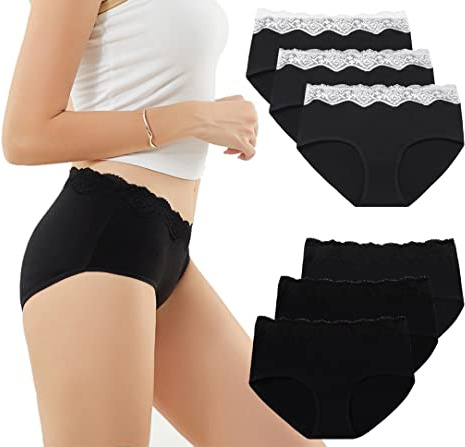 EKSHER Culotte Femme Lot de 6 Coton Sexy Slip en Dentelle Taille Basse Hipster Shorties Doux Confortable Noir XL
