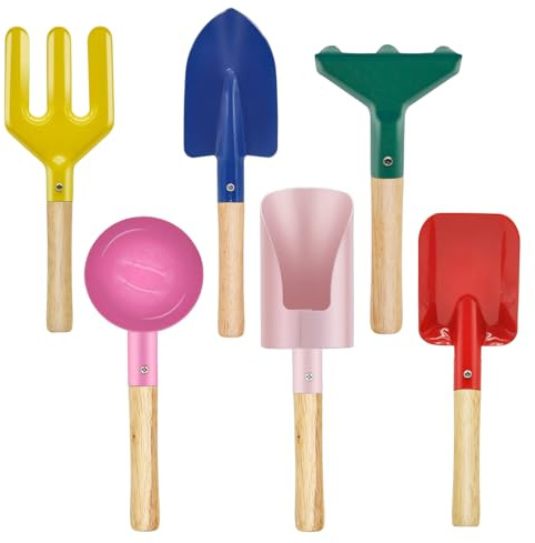 OKGD 6-Piece Garden Tools Set for Kids,Children Beach Sandbox Toy,Including Cylinder Scoop, Trowel, Spoon, Fork, Rake & Shovel for Kids