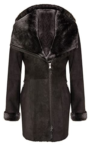 Infinity Leather Brauner Lammfell Schaffell Merino Veloursledermantel mit Kapuze für Damen