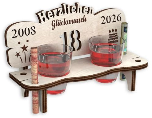 Urhome Schnapsbank mit Jahreszahl 18 Gravur zum Geburtstag, Jubiläum, Jahrestag aus Holz - 2 Schnapsgläser - 18 Jahre Hell Braun