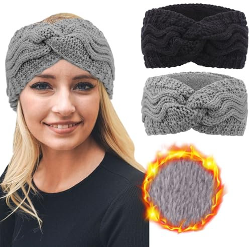 DRESHOW Women Warm Knitted Headband Winter Ear Warmer Crochet Head Wraps Thick Fleece Lining Hair Bands