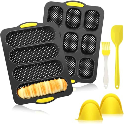 FillTouch Set of 5 Silicone Baguette Pan with Brush Spatula Gloves 9 and 4 Wave Perforated Baguette Baking Tray Nonstick French Bread Pans for Baking Oven Bake Mould Toaster Pan for Loaf Hot Dog