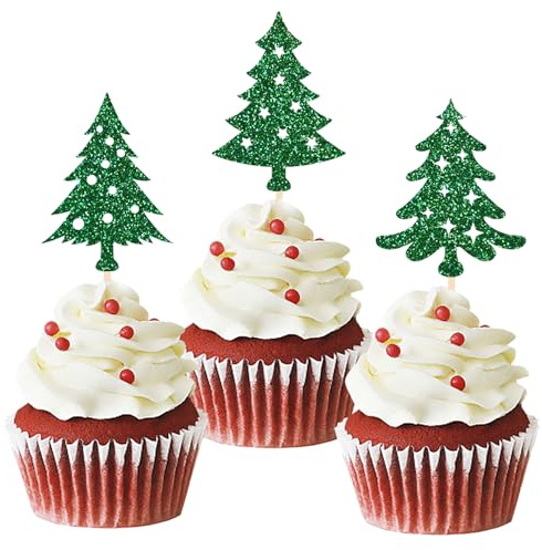 24 Stück Glitzer Weihnachtsbaum Cupcake Toppers, Tortendeko Weihnachten, Kuchen Deko Weihnachten für Neujahr Party, Weihnachtsfeier Deko (Weihnachtsbaum)