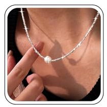 TseenYi Collar Boho De Perlas Blancas Redondas Con Colgante De Cadena De Plata Aplastada Para Mujeres Y Niñas