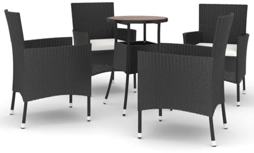 Makastle Bistroset 5-teilig, Balkonset Gartengarnitur mit Kissen, Outdoor Sitzgruppe für 4 Personen, Bistrotisch mit Gartenstühle, Gartenmöbel für Balkon, Schwarz Poly Rattan