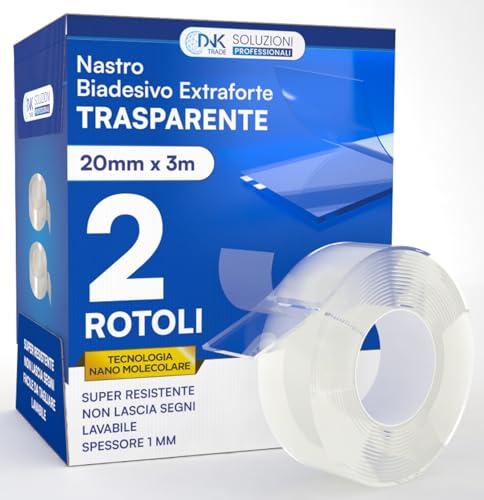 DNK TRADE Nastro Biadesivo Extra Forte Rotolo da 3 Metri, Nastro Trasparente & Lavabile, 2 Rotoli di Nastro Bioadesivo con Tecnologia Nano Micro Molecolare, 6 Metri Totali